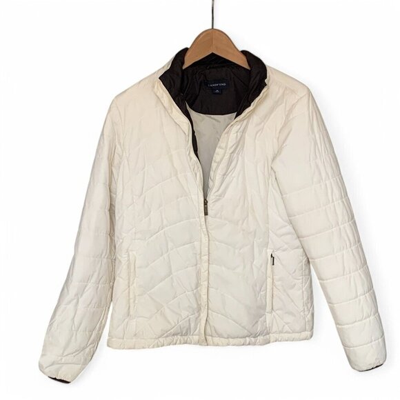 Lands End Women's Quilted White Brown Jacket M 10-12 Lightweight Nylon Zip Front - Picture 1 of 10